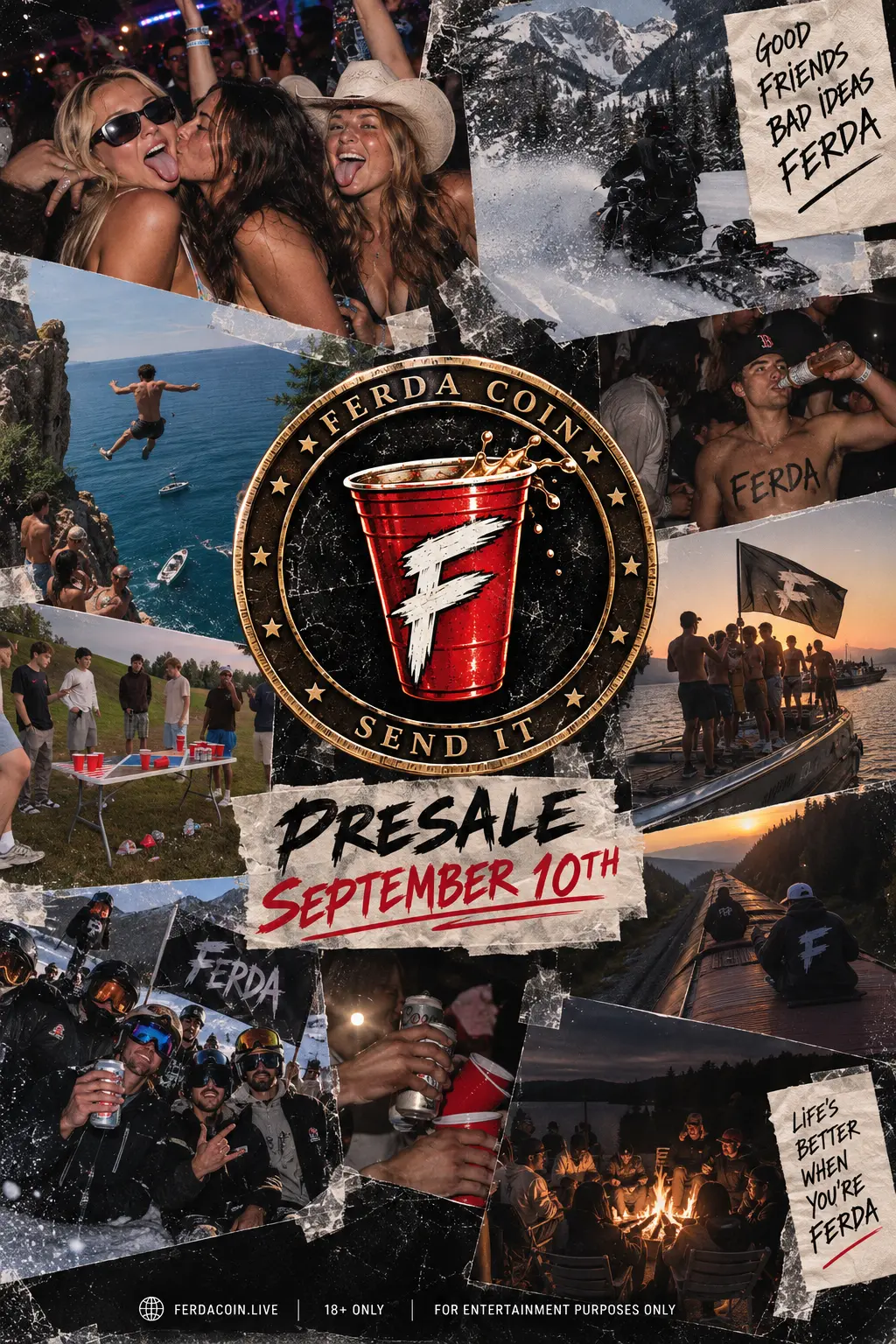 $FERDA collage poster: friends on trips, parties and bonfires around the gold FERDA coin, presale September 10th