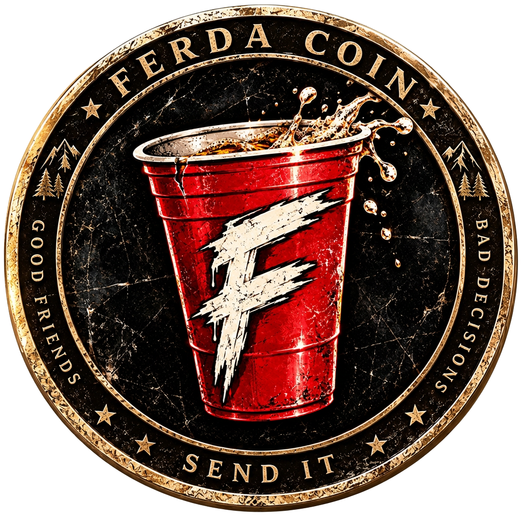 Gold FERDA coin with red party cup